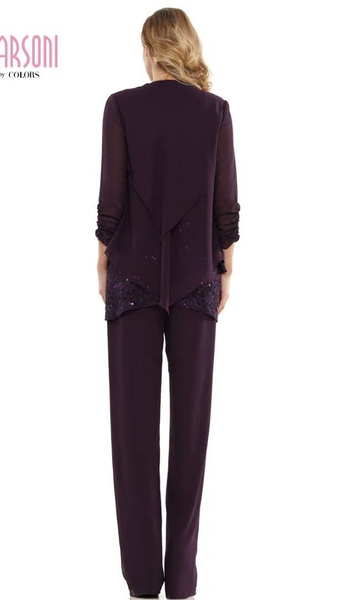 A woman stands facing away, wearing the Long Formal Pantsuit: Marsoni M303 in dark purple, featuring sequined details on the jacket hem.